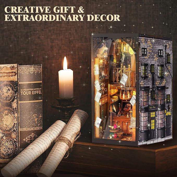 DIY Book Nook Kit, 3D Wooden Puzzle Miniature Booknook Bookend Bookshelf Decor with LED Light, Dust Cover, Book Nook Kits for Adults Teen (Magic Wand Shop)