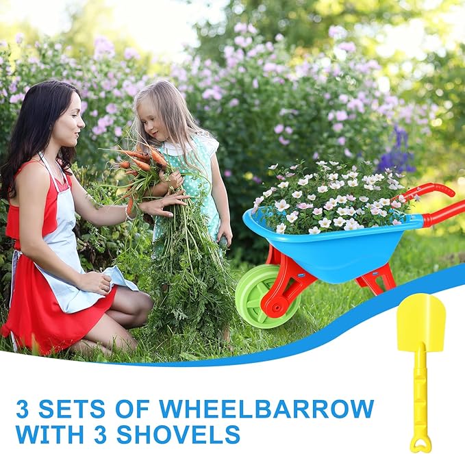 3 PCS Kids Wheelbarrow with 3 PCS Kids Toddlers Shovels for Gardening Digging, Small Plastic Wheelbarrow for Toddlers, Garden Cart on Wheels for Girls Boys Outdoor Digging Play Over Aged 3 Years Old