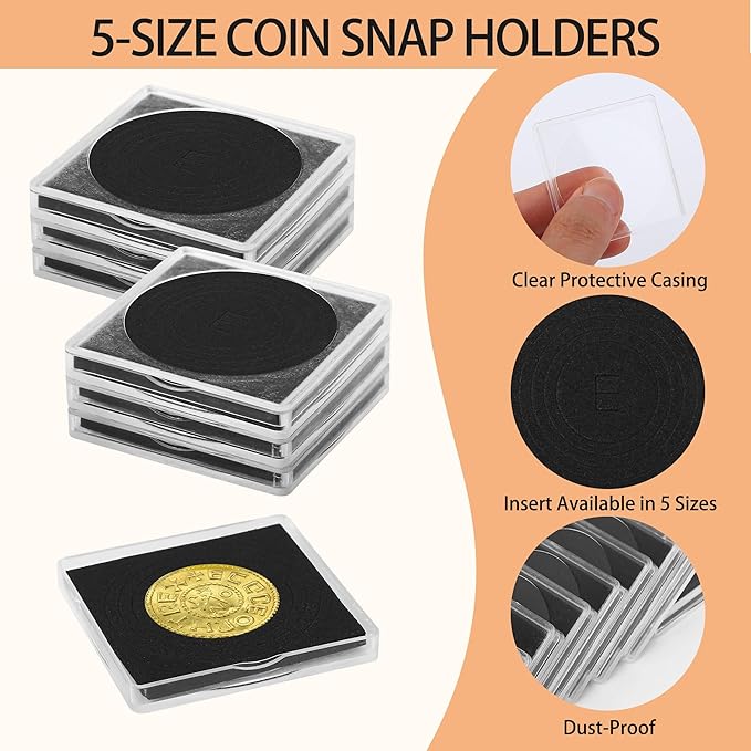 20 Pcs Coin Holders for Collectors, Clear Coin Cases with 5-Size Sponge Gaskets 20/25/30/35/40mm, Plastic Coin Slabs and Coin Protectors for Silver Dollar Collectors Collection Supplies, Black