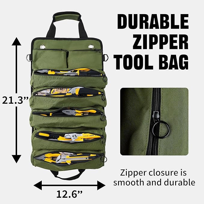 Portable Foldable Roll-Up Waterproof Tool Bag Organizer with 5 Compartments & 2 Detachable Pouches, Heavy-Duty Tool Pouch Bag, Dad Men Electrician Mechanic Gifts (Army green)