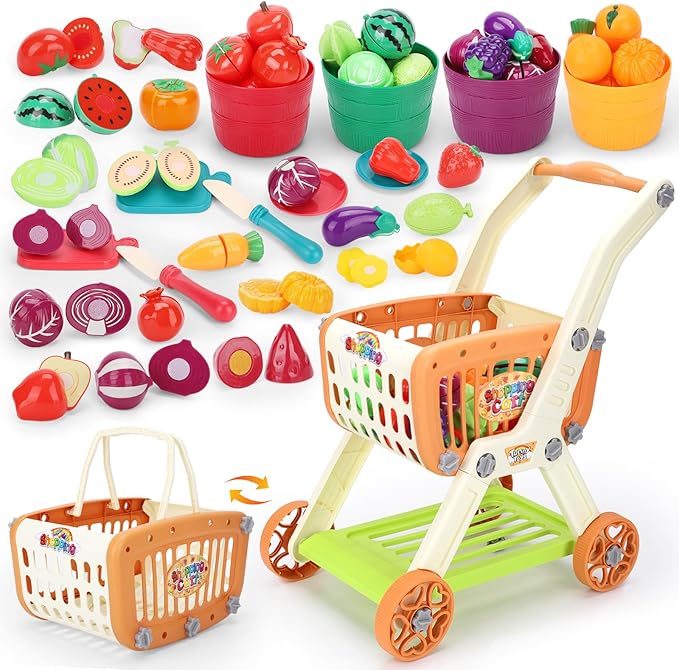 Shopping Cart with Cutting Play Food Set for Kids Kitchen, 2 in 1 Shopping Cart for Kids Grocery Store Pretend Play Kitchen Accessories Sorting Food Bucket Learning Toys Gift for Toddler 3-5
