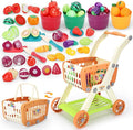 Shopping Cart with Cutting Play Food Set for Kids Kitchen, 2 in 1 Shopping Cart for Kids Grocery Store Pretend Play Kitchen Accessories Sorting Food Bucket Learning Toys Gift for Toddler 3-5