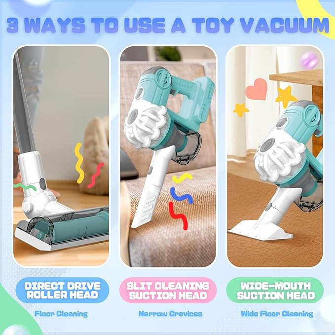 SMILESSKIDDO Kids Vacuum That Really Works - 3-in-1 Toy Vacuum with Real Suction, Apron, Cleaning Cloth, Duster & Colorful Beads, Toddler Cleaning Toy Set, Housekeeping Toy Gifts for Girls & Boys