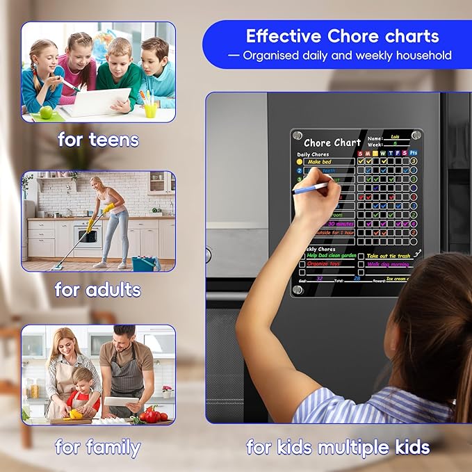 2Pcs Acrylic Magnetic Chore Chart for Kids & Adults, 12"x9.5" Clear Dry Erase Reward Board - Behavior and Responsibility Refrigerator Chart for at Home Multiple Kids, Teens(w/ 8 Markers & Towel)