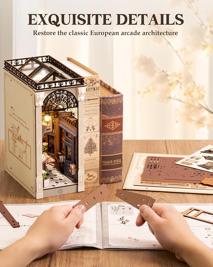 ROBOTIME DIY Book Nook Kits Dollhouse Room Bookstore Miniature House with LED Light 3D Wooden Puzzles for Adults Booknook Bookshelf Insert Decor Diorama Kit Unique Gifts（Arcade Dating）