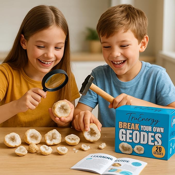 Break Your Own Geode Kit – 10 Natural Geodes 2.75 to 3.5 Inch Crack-Open Experience + Easy to Open + Tools + Geologist Guide – Less Effort for Easy Reveal – STEM Activity + Collectable Gems - Large