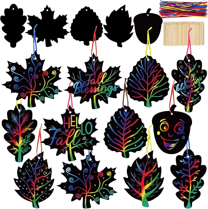 90shine 60 Sets Fall Crafts for Kids Black Scratch Autumn Leaves Magic Craft Art Kit Thanksgiving Classroom Preschool Activities Party Favors