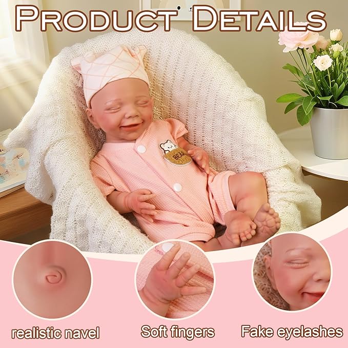 Full Silicone Baby Dolls,17.72 in Silicone Realistic Newborn Baby Doll, Non Vinyl 1:1 Lifelike Reborn Sleeping Dolls (Eve-Nude)