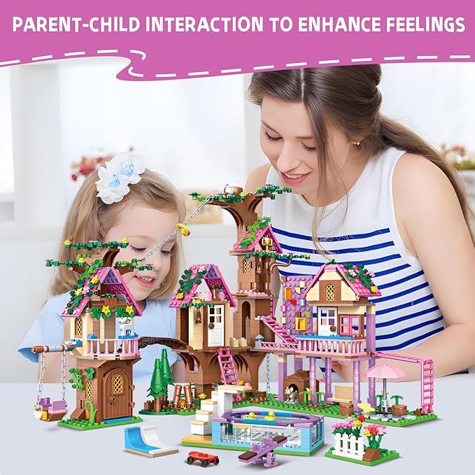 Fantasia Summer Tree House Building Blocks Multi Level Playset with Pool Rope Swing Bridge Creative Construction Toy for Kids Teens