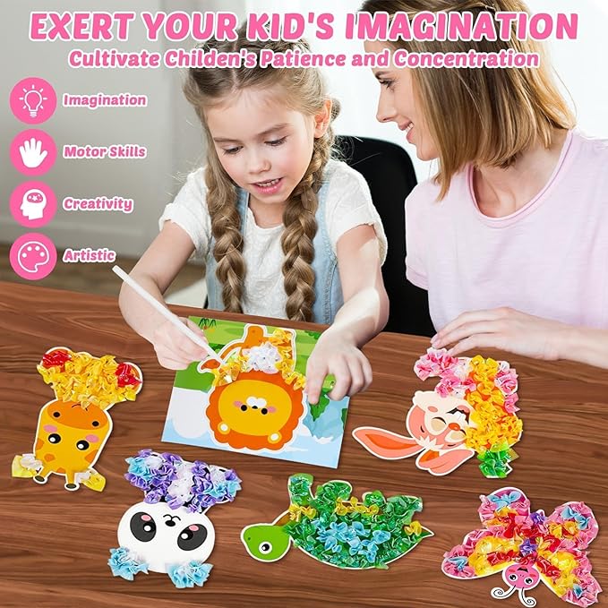 8PCS Poke-in Craft and Art Kit for Kids Animal Theme No-Mess Fabric Sewing Art Girls Boys 4-12 Puzzle Puncture Painting DIY Jungle Animal Toy Gifts for Creative Activity Game Birthday Party