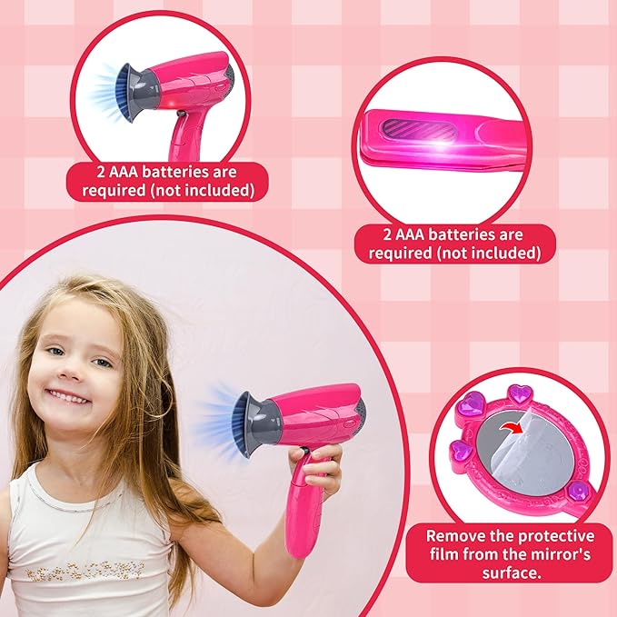 Beauty Hair Salon Playset, 22 Piece Hair Stylist Toy Kit with with Makeup Accessories & Hair Dryer, Pretend Play Set, Christmas & Birthday Gift for Girls