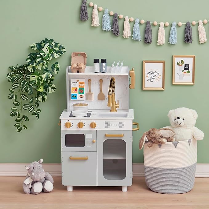 Teamson Kids Little Chef Memphis Wooden Play Kitchen for Toddlers with 16 Accessories, Realistic Pretend Cooking Set with Microwave Oven Sink Faucet Storage for Kids Ages 3+ Gray Gold Marble