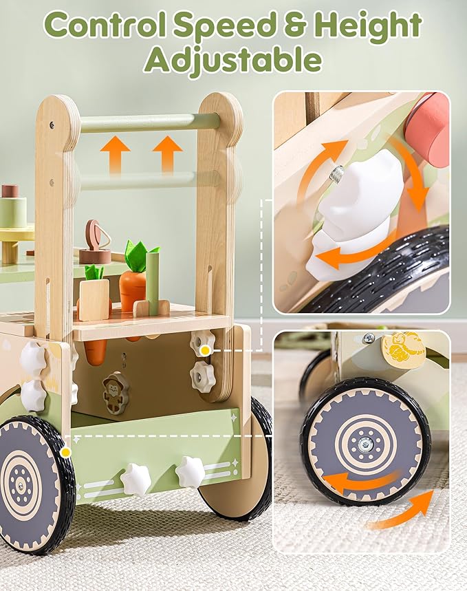 ROBOTIME Wooden Baby Walker Push Toy for Toddlers, Baby Push Walker with Wheels, Farm-Themed Activity Center for Girls & Boys, Adjustable Speed Walker for Baby Learning to Walk