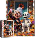 Halloween Funny Grandma Taking Selfie with Mummy 1000 Piece Jigsaw Puzzle for Adults Students 20×27 Inches Cute Autumn Jigsaw with Pumpkins Leaves and Festive Decor Gift for Family Fall
