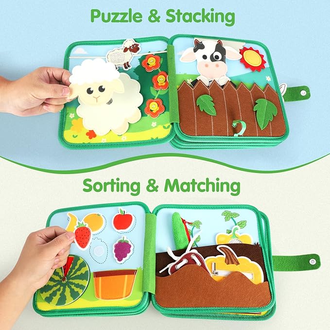 HomeEvolution Farm Busy Book for Toddlers 1-3, Montessori Busy Board for 1 Year Old, Airplane Toys for Toddlers 1-3, Car and Road Trip Travel Toy, Quiet Educational Activity Book, Fine Motor Skills