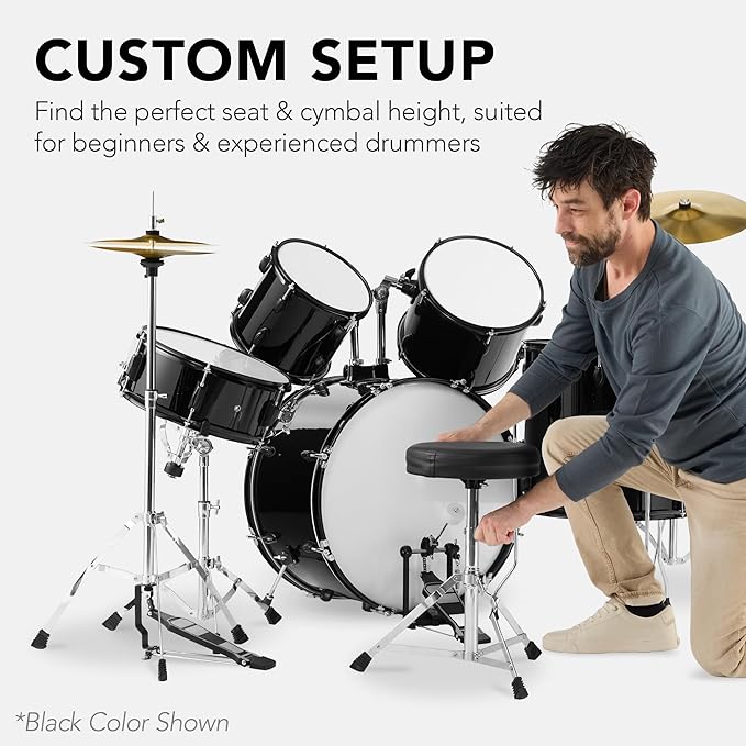 Best Choice Products 5-Piece Full Size Complete Adult Drum Set w/Cymbal Stands, Stool, Drum Pedal, Sticks, Floor Tom - Red Sparkle