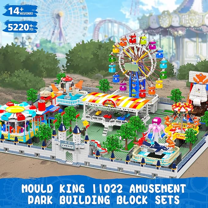 Mould King Large Amusement Park Building Set, DIY Eight-Major Electric Model Kits Include Ferris Wheel, Carousel, etc, Modular Design, Collectible Home Decoration for Teens, Adults(5220 Pcs)