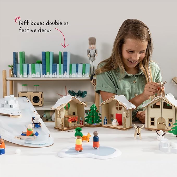 KiwiCo Winter Wonderland - 2025 Advent Calendar for Kids | Christmas Activities For Kids | Assemble Winter Village with Motorized Sledding Hill, Ice Skating Rink, Reindeer, Christmas Trees & more!
