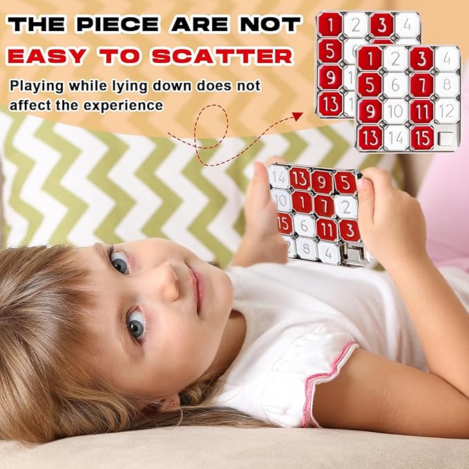Metal Number Slide 15 Puzzle Red and White Number Sliding Puzzle Educational Pocket Funny Christmas IQ Game Gift for Teens and Adults, Ideal for Learning Tool Party Favors,1 Pack