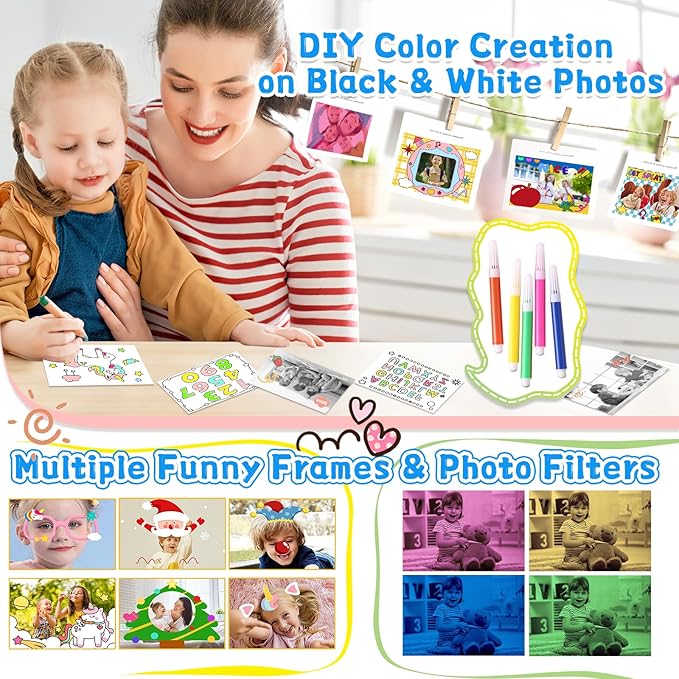 Instant Print Camera for Kids, 3-12 Year Old Girls Boys Gifts, 1080P Video Children Digital Camera with 32GB Card, Kids Christmas Birthday Gifts Toddler Photo Camera Toys for Age 3 4 5 6 7 8 9 White