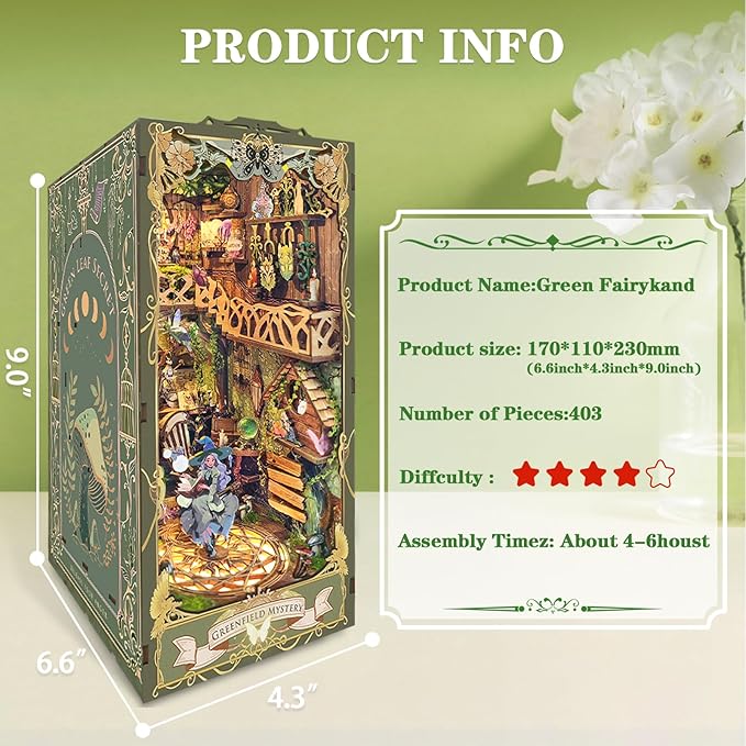 DIY Book Nook Kit, DIY Miniature Dollhouse Kit for Adults and Teens, Book Nook Bookshelf Insert Decor 3D Wooden Puzzle Bookend Miniature Kit with Sensor Light Creative Craft (Green Fairyland)
