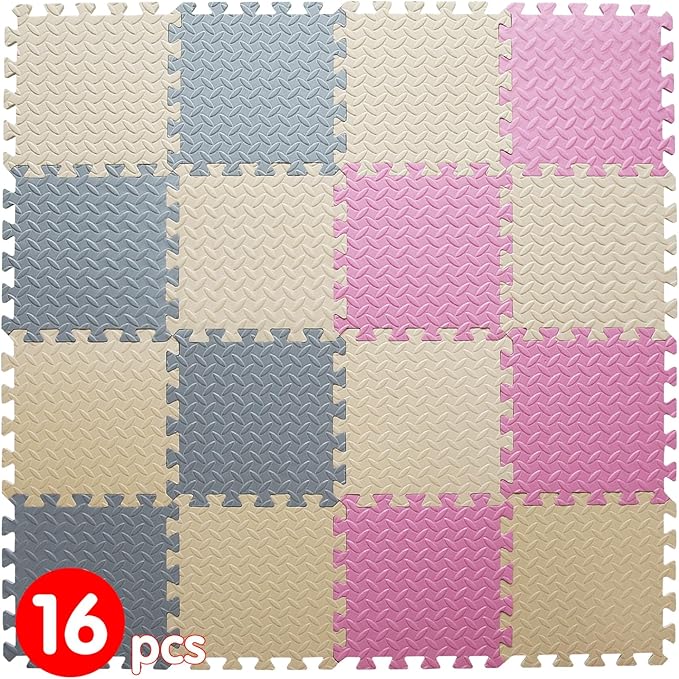 Foam Floor Mat, Solid Colored Play Mat, Non-Toxic Interlocking Foam Puzzle Floor Mats, 0.4" Thick Square Kids Playmat丨47x47 Play Mat for Playpen (Beige/Gray/Pink)