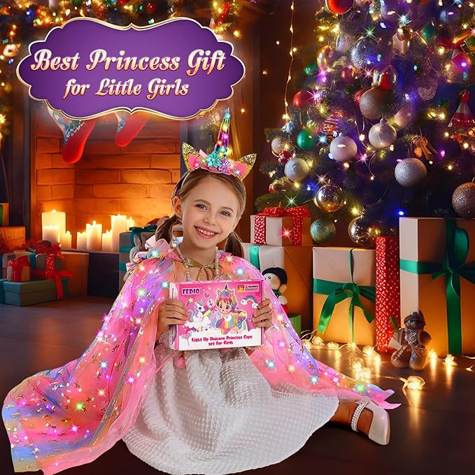 Fedio Princess Dress up for Girls,Unicorn Light up Princess Cape Set,Light up Princess Dress with Unicorn Toys for Girls 3-8 Halloween