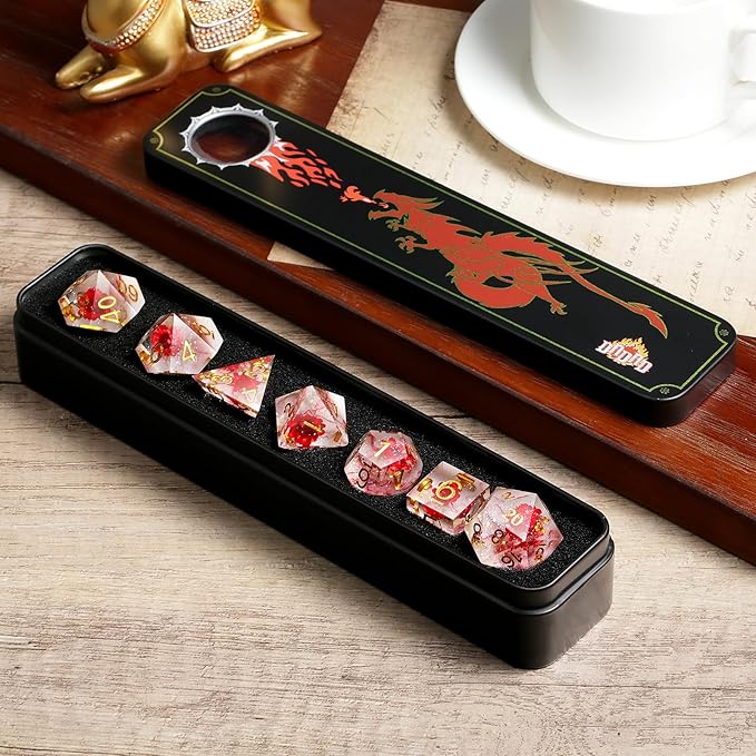 Flower D&D Dice ,DNDND Handmade Resin Sharp Edge Die with Gift Case for D&D Dungeons and Dragon Games (Red Flower)