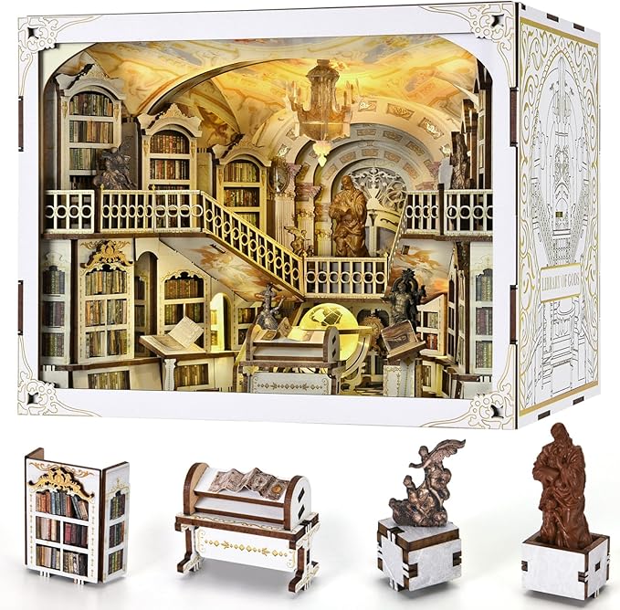 Book Nook Kit, DIY DIY Miniature Dollhouse for Adults, Beyond Library 3D Wooden Puzzle Bookend Bookshelf Insert Decor with LED Light Gifts for Book Lovers (Library of Gods Max)