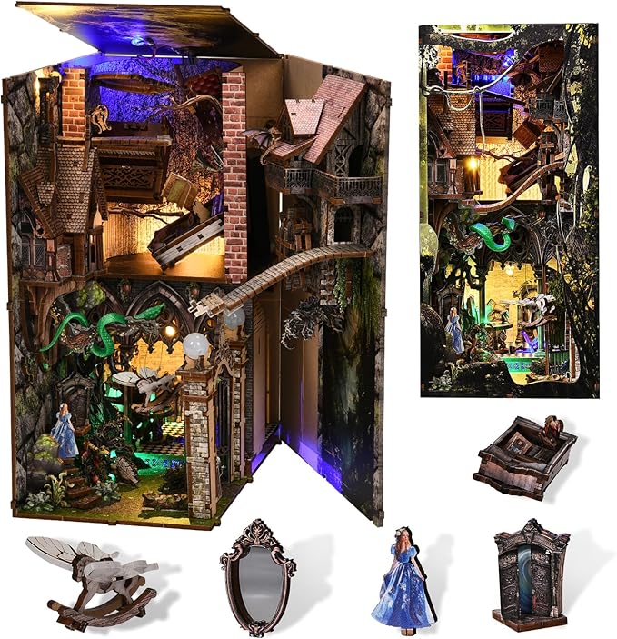 Book Nook Kit, Booknook Kit with Dust Cover for Adult DIY Miniature House Kit 3D Wooden Puzzle Decorative Bookend Bookshelf Decor Gift for Women Teens (Alice Down The Rabbit Hole)