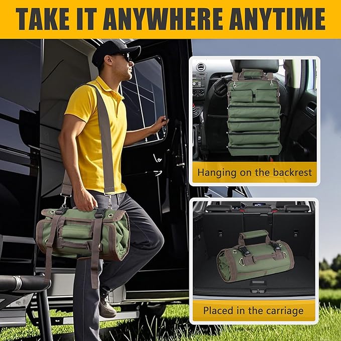 Roll Up Tool Bag, Heavy Duty Tool Organizer with 2 Detachable Zipper Pouches, Compact Durable Tool Storage for Men Women, Perfect for Handyman, RV Owners, Dad Birthday or Father’s Day Gifts