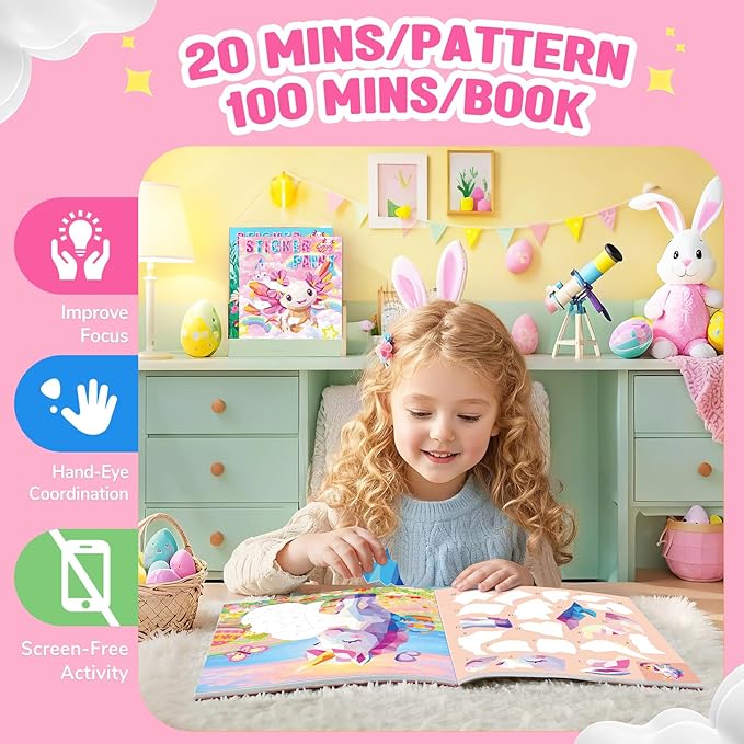 CutteeyFyry Paint by Number Sticker Book for Girls Kids - Road Trip & Airplane Activities Toys, Easter Basket Stuffers, Bunny Egg Unicorn, Birthday Gifts, Travel Essentials for Toddlers & Car Rides