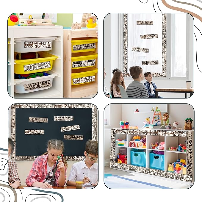 BeYumi Positive Sayings Border Trim - 80Pcs Back to School Wood Grain Farmhouse Positive Sayings Straight Bulletin Board Borders Grainy Motivational Inspirational Quota School Offices Chalkboard Decor