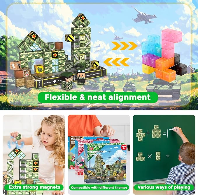 100PCS Magnetic Blocks - STEM Magnetic Building Blocks for Kids Military Construction Cube Toys Games, Educational Sensory Stacking Magnets Cube Toys for Kids Birthday Gifts Boys & Girls