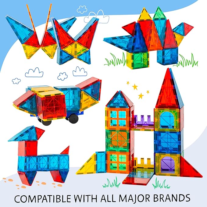 Magnetic Tiles 180 PCS+ Bonus Zippered CASE, Magnetic Tiles for Kids Toy for 3 4 5 6 7 8 Year Old Boys & Girls, Great Gift for Kids Aged 3-8, XL Set