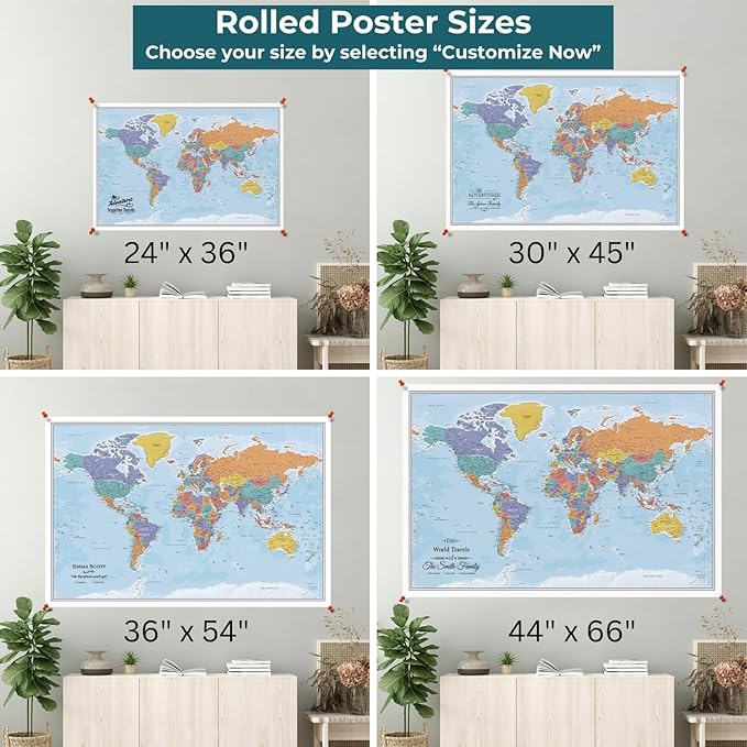 Personalized Canvas Rolled Poster World Map Wall Art with Pins – Large 24" x 36" Blue Oceans Map of the World – Push Pin Travel Decor for Home or Office