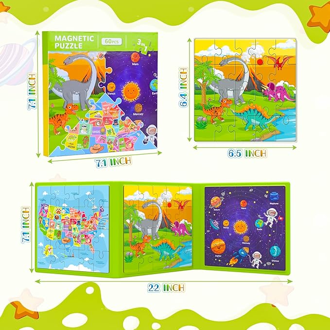 Magnetic Puzzles for Toddlers 3-5, 3 Pack Travel Puzzles for Kids Ages 3-6 with 60 Magnetic Pieces, Dinosaur, Solar System & Map Puzzles, Road Trip Activities Toys & Birthday Gifts for Boys Girls