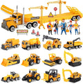 Oriate 28pcs Construction Toys for Kids, 12pcs Mini Diecast Construction Vehicles Toy with Flatbed Transport Trailer, Educational Digger Excavator Bulldozer Forklift Trucks Cake Topper Stickers