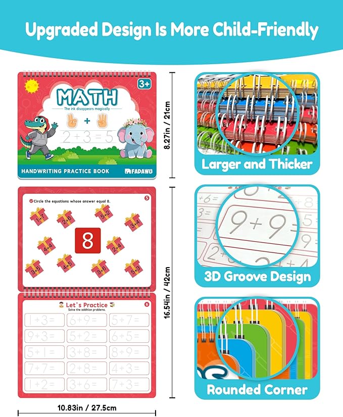 Magic Grooved Writing Practice Books for Kids, Large Grooved Handwriting Copybook, Reusable Learn to Write Number Letter Tracing Workbook for Kids Ages 3-8 Preschool Calligraphy 11"x8"