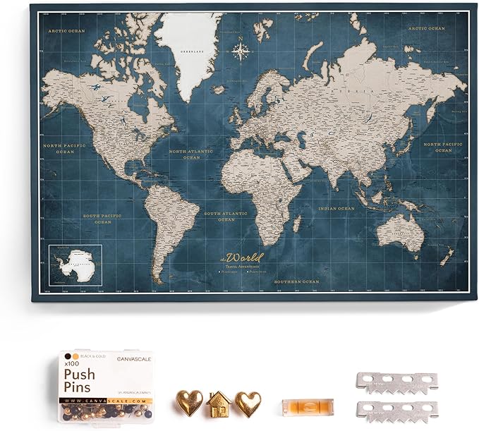 Canvas World Map with Cork Pin Board - English Lettering - Decorative Wall Decoration for All Rooms - Canvas Pictures with World Map Motif (90x60 cm, Pattern 19)
