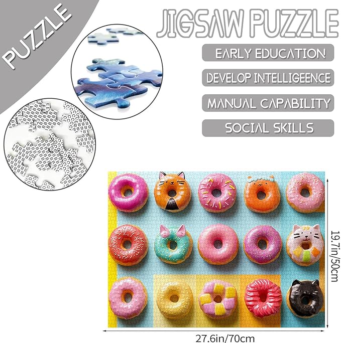 Colorful and Playful Donut Jigsaw Puzzle，Cat-Shaped Doughnut 1000 Pieces Jigsaw Puzzles for Adults，27 x 20 Inches Puzzles for Families，HD Quality Different Shapes Colors Doughnuts Puzzle Decor