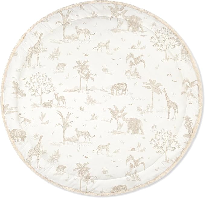 MakeMake Organics Organic Play Mat GOTS Certified Organic Cotton Nursery Floor Rug Washable Reversible Non Toxic Activity Mat Tummy Time Crawling Pad Thick Quilted (Round 48", Safari)