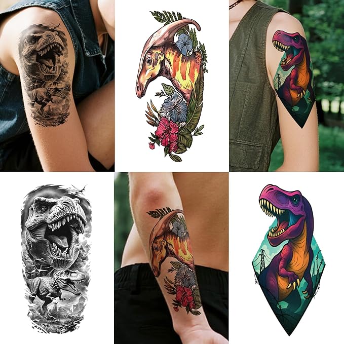 77PCS Dinosaur Temporary Tattoos for Kids Teens, 17PCS Half Sleeve Tyrannosaurus T-Rex Triceratops Pterosaur Kids Temporary Tattoos, 60PCS Raptor Fake Tattoos Stickers Cosplay Birthday Party Supplies
