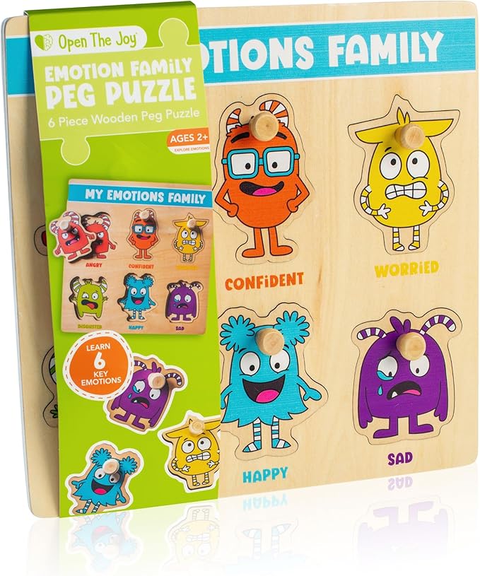 Open The Joy My Emotions Family Peg Puzzle – Emotional Recognition & Social Skills Puzzle for Kids | Montessori-Style Wooden Puzzle with 6 Emotion Pieces | Ages 4+