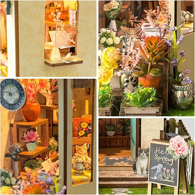 DIY Book Nook Kit, Miniature Bookshelf Decor with LED Lights, Laser-Cut Wooden Craft Set for Adults, Creative Gift for Christmas, Birthday, Spring Island