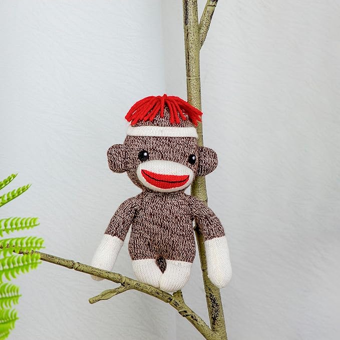 Plushland Adorable Sock Monkey, The Original Traditional Hand Knitted Stuffed Animal Toy Gift-for Kids, Babies, Teens, Girls and Boys Baby Doll Present Puppet 6 Inches (Brown)