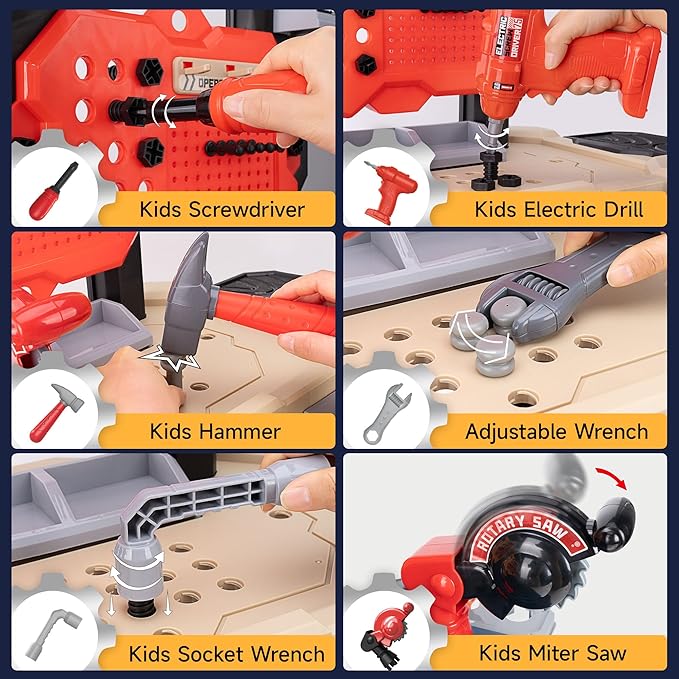 Kids Tool Bench with 138 Realistic Tools, Electric Drill, Stickers - Pretend Play Learning Gift for Boys & Girls Age 3-5