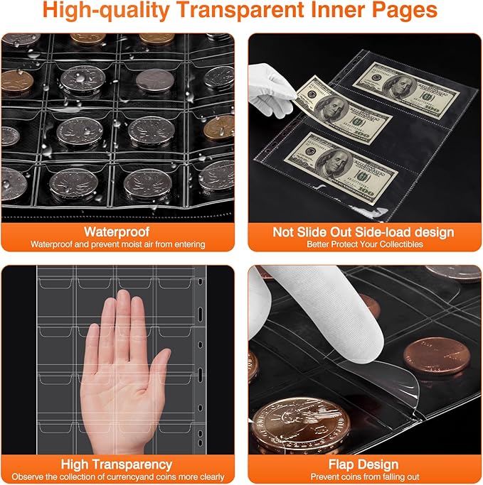 Coin Collection Book with Lock,Fireproof Holders for Collectors,300 Pockets Coin Collection Supplies & 72 Sleeves Currency Storage Case,Coin Organizer Collecting Album for Bill,Pennies,Quarters,Stamp
