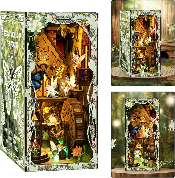 ISSEVE Book Nook Kit, DIY 3D Wooden Puzzle Dollhouse Booknook for Adults, Tiny Miniature House Kit Bookshelf Decor with LED Light and Dust Cover, Gifts for Family and Friends (Forest Secret World)
