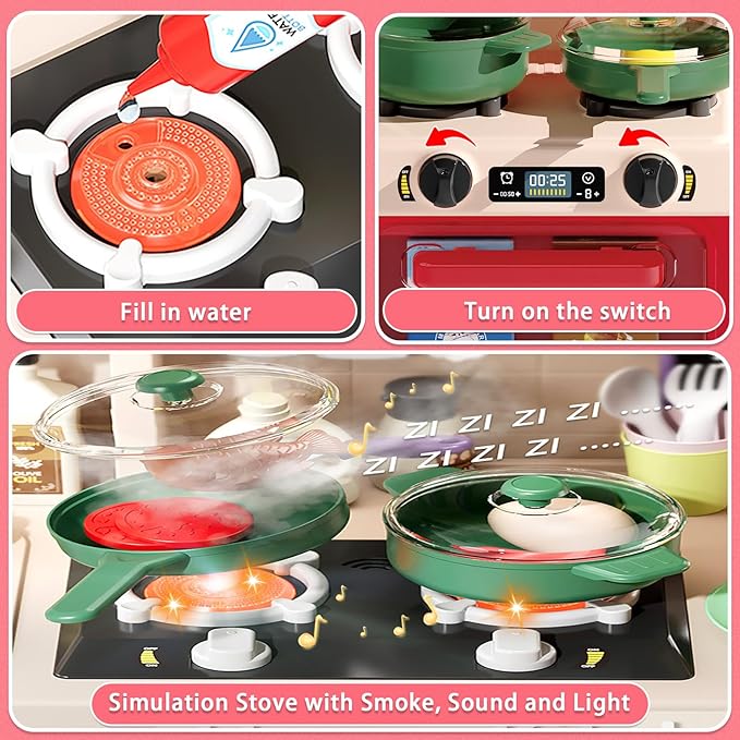 Kids Kitchen Playset Set, 63PCS Pretend Play Kitchen Toys for Toddlers, Cooking Stove with Steam Sound Light, Play Sink with Manual Faucet, Play Food Accessories Gift for Girls, 33’’H Red